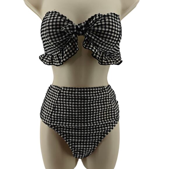 Forever 21 Black White Check Retro High Waist Bikini Set Ruffle Womens Xlarge - Picture 1 of 7